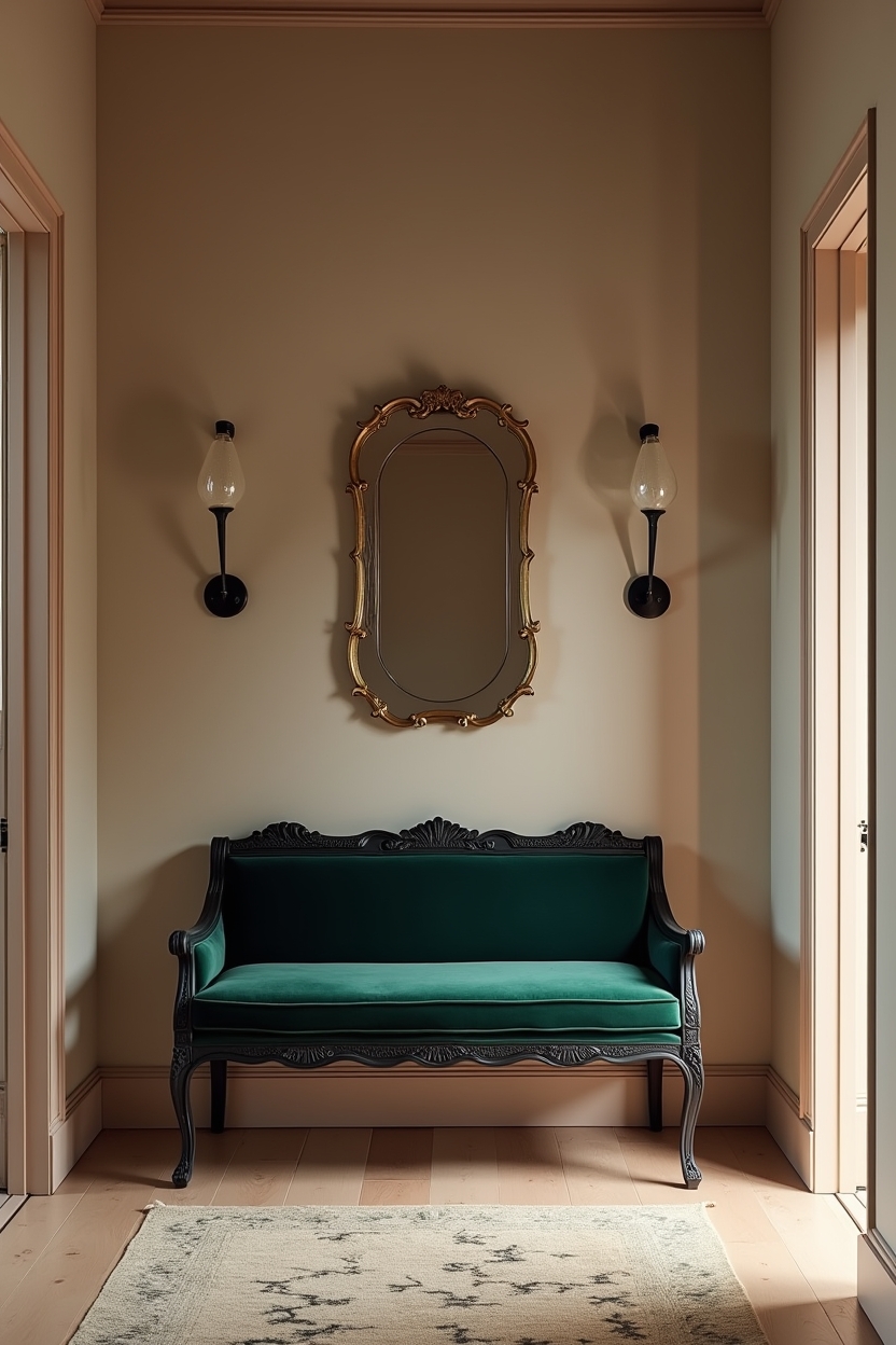 welcoming entryway bench ideas — compact carved matte-black bench with velvet cushion featuring neo-baroque hand-carved bench painted matte black