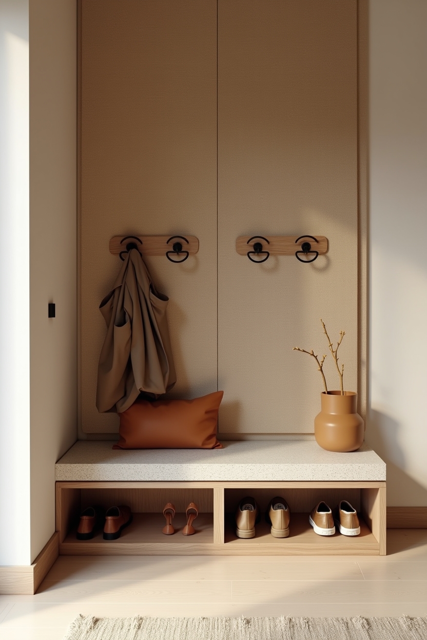 welcoming entryway bench ideas — leather-sling bench mounted in front of grasscloth backboard featuring narrow leather-sling bench with grasscloth backboard