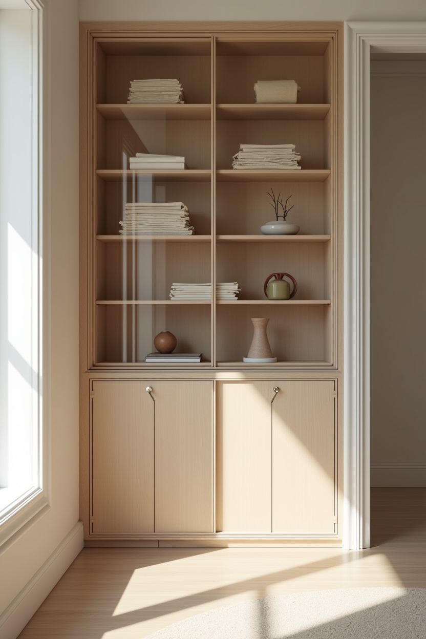 organic modern creative studio decor — glass-front cabinet with tactile paper stacks featuring storage_trend