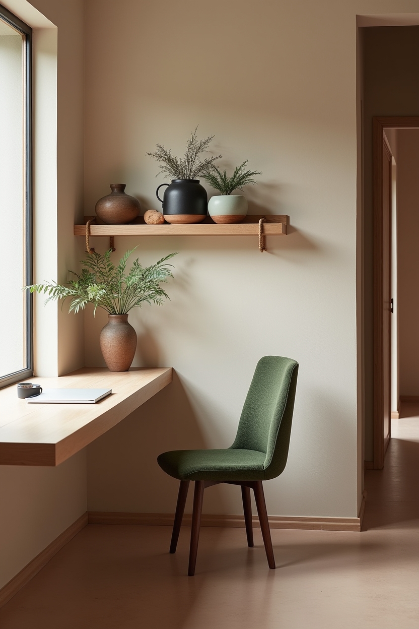 organic modern creative studio decor — asymmetrical clay planter trio on a floating shelf featuring shelving_style