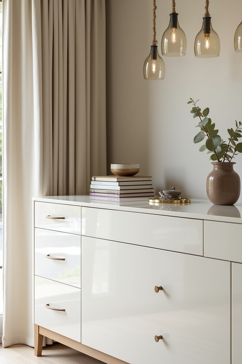seaside luxury guest room decor — high-gloss oyster-white dresser featuring high-shine oyster-white lacquer dresser