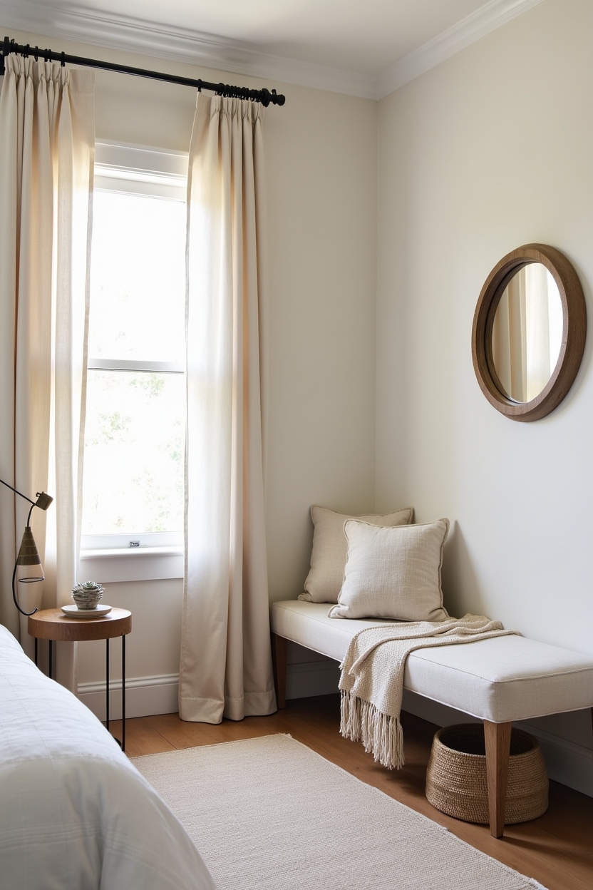 seaside luxury guest room decor — full-length porthole-style mirror featuring full-length porthole mirror staged with double-layer translucent sheers