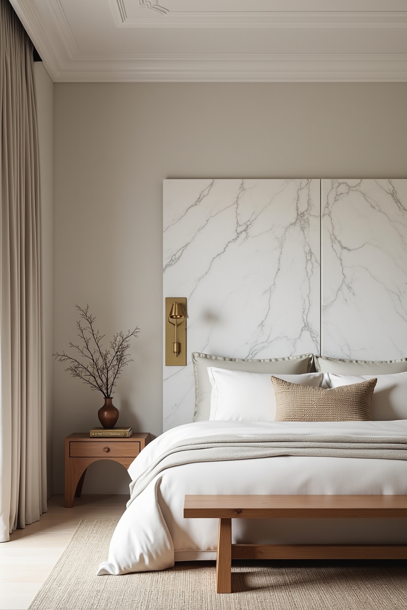 seaside luxury guest room decor — low-profile bed with canopy featuring pearl-marble accent wall behind the bed