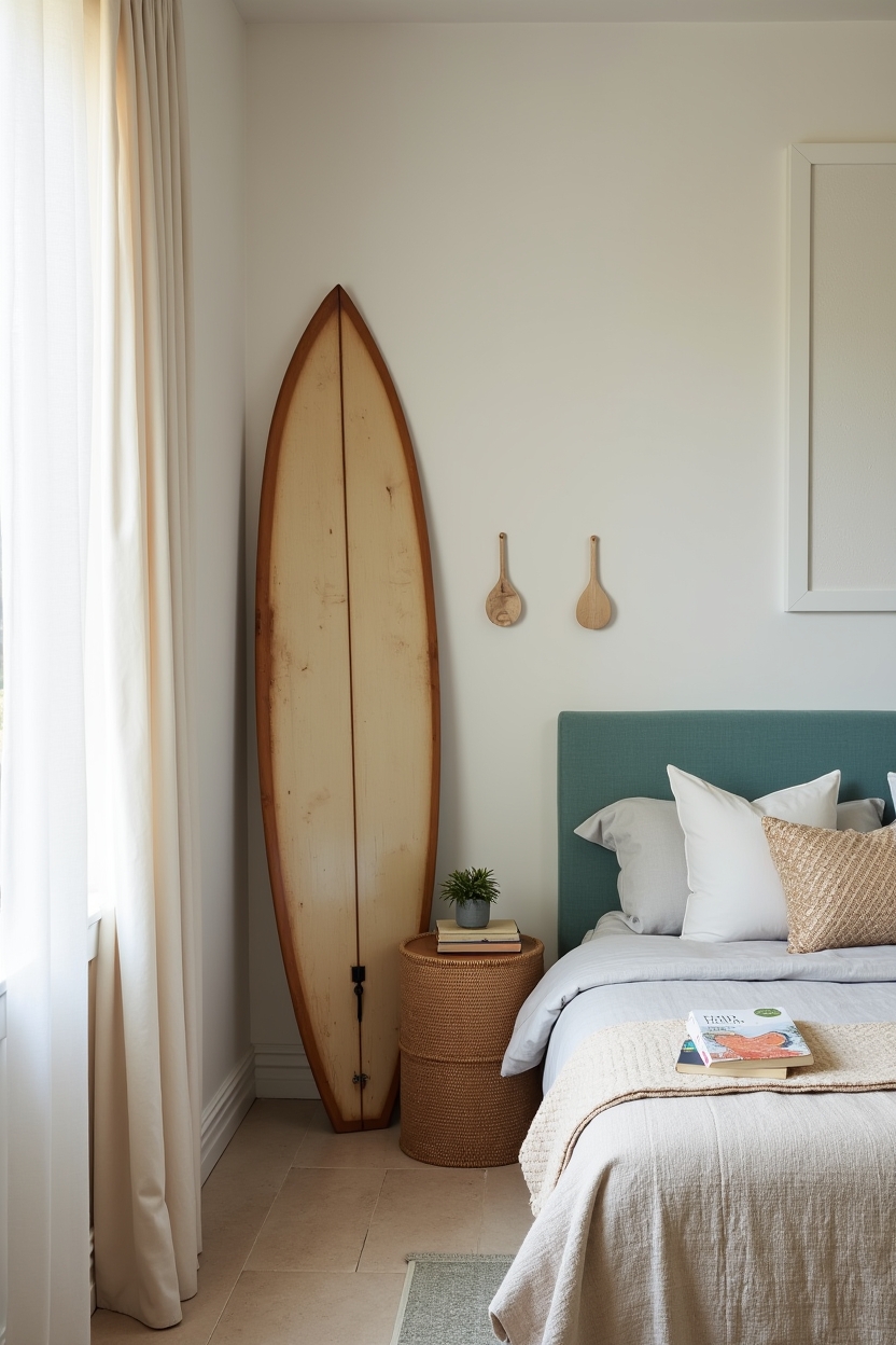 seaside luxury guest room decor — curated vintage surfboard propped vertically featuring vertical vintage surfboard vignette