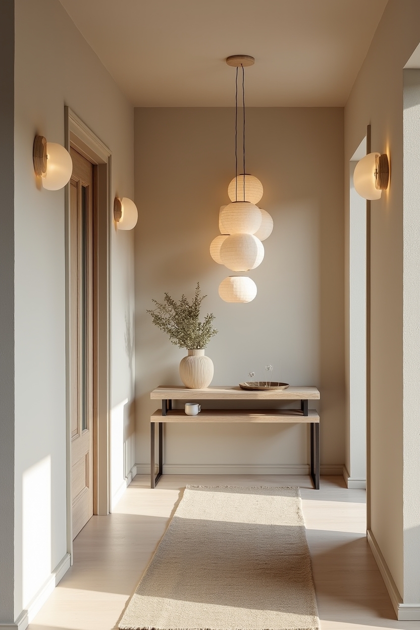 studio entryway lighting ideas — slim_console_with_runner featuring globe_sconce_cluster
