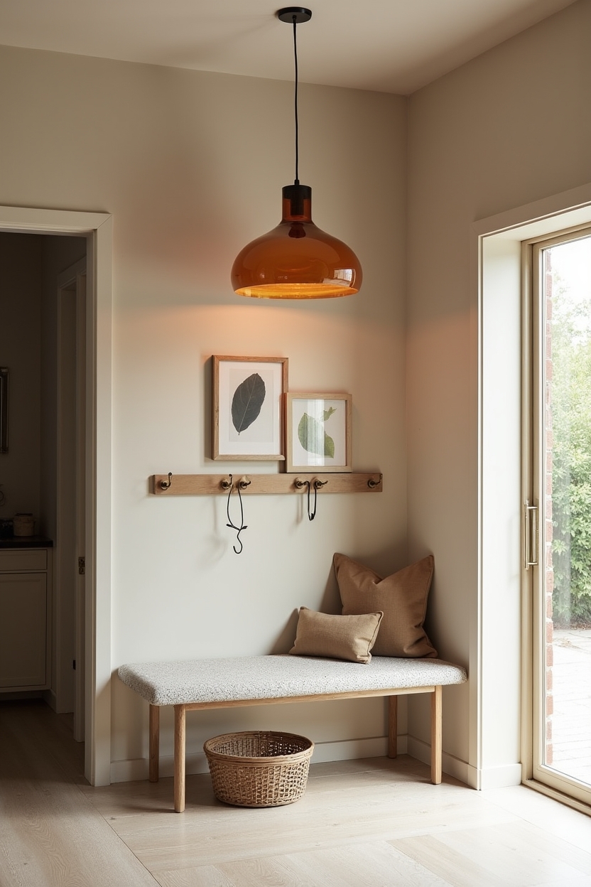 studio entryway lighting ideas — terrazzo_topped_bench featuring oversized_amber_glass_pendant