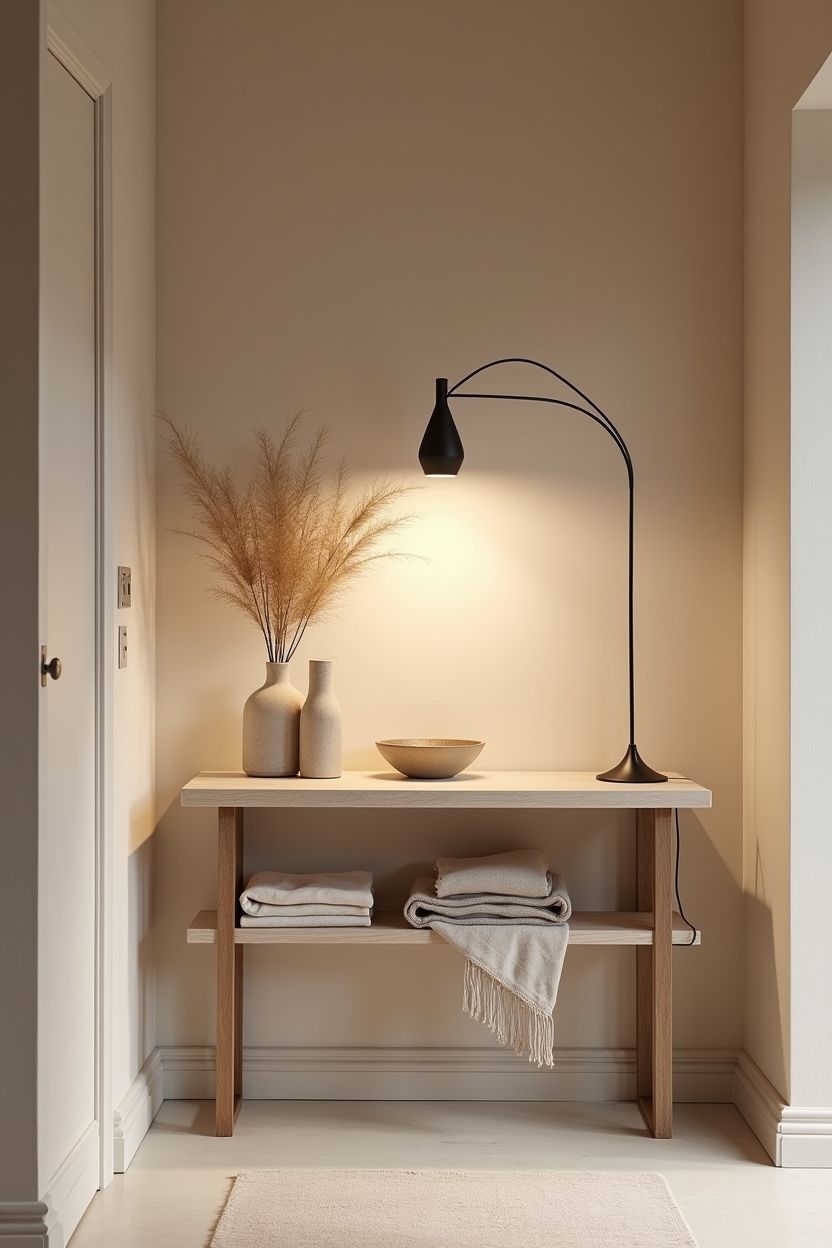 studio entryway lighting ideas — narrow_console_table featuring sculptural_arc_lamp