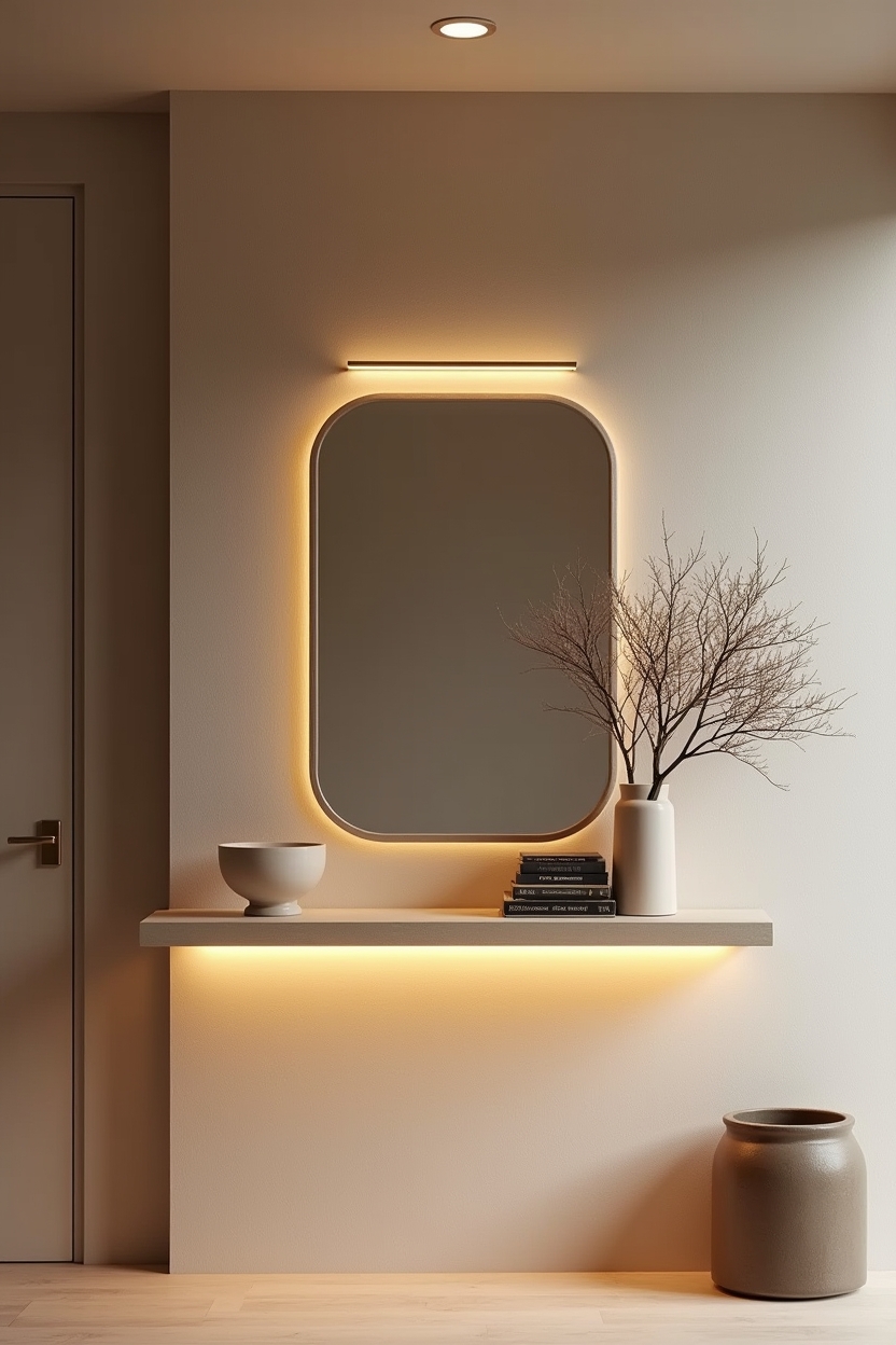 studio entryway lighting ideas — mounted_floating_shelf featuring backlit_floating_shelf