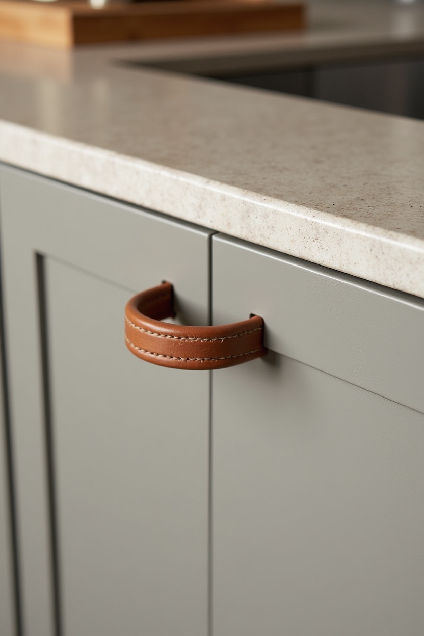 leather-wrapped drawer loops on island cabinets home decor