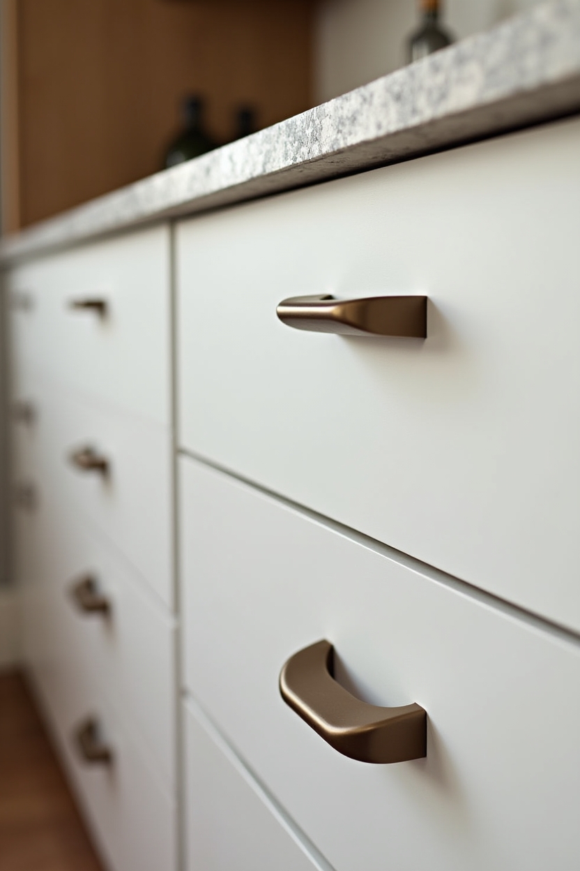 soft-arched satin bronze cup pulls on lower drawers home decor