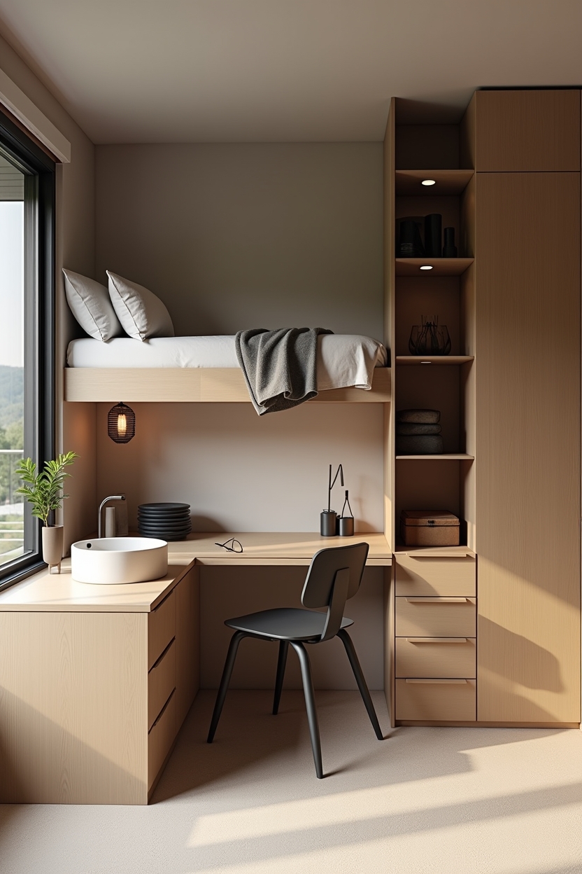integrated corner loft bed with built-in desk and staggered shelving home decor