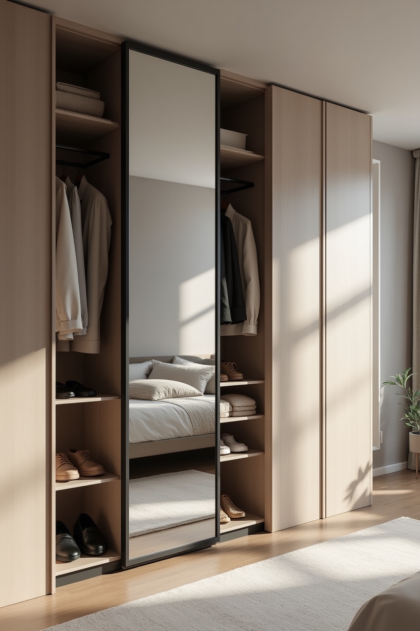 full-height pivot mirror panel revealing a behind-mirror closet home decor