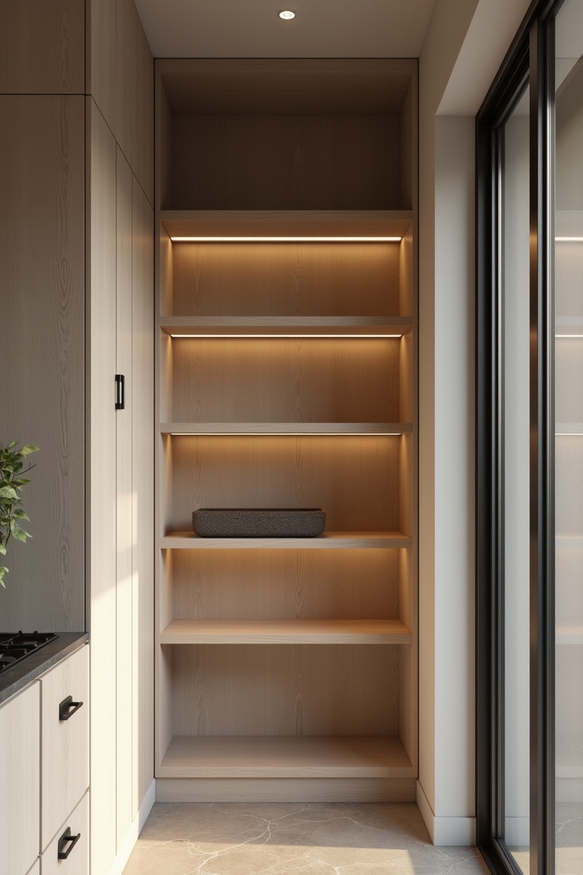 matte ceramic recessed puck lights in birch shelving home decor