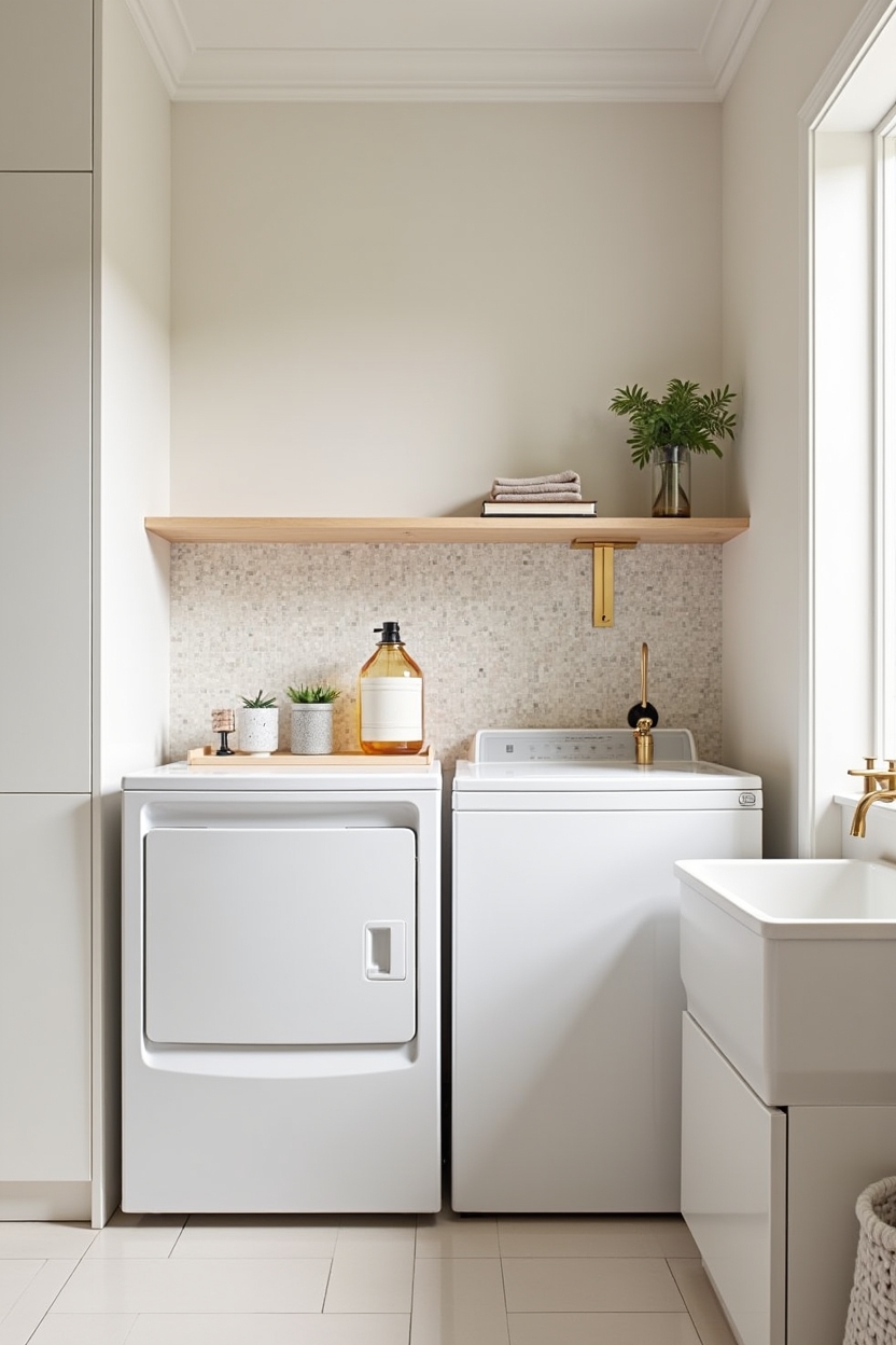 minimal small laundry room ideas — pastel terrazzo tile strip directly behind stacked machines or sink featuring narrow pastel terrazzo backsplash strip