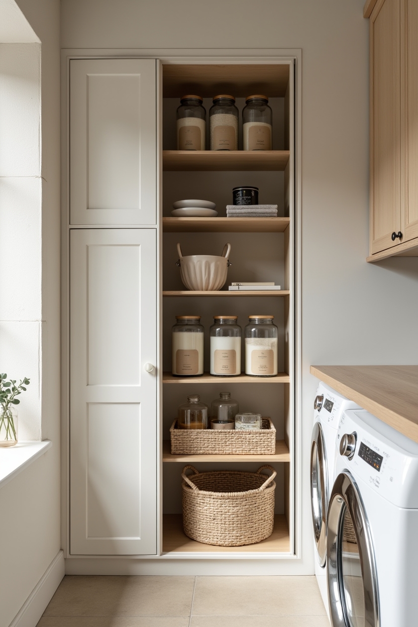 minimal small laundry room ideas — narrow glass-front cabinet with labeled glass jars and woven baskets on shelves featuring floor-to-ceiling glass-front mini-laundry cabinet