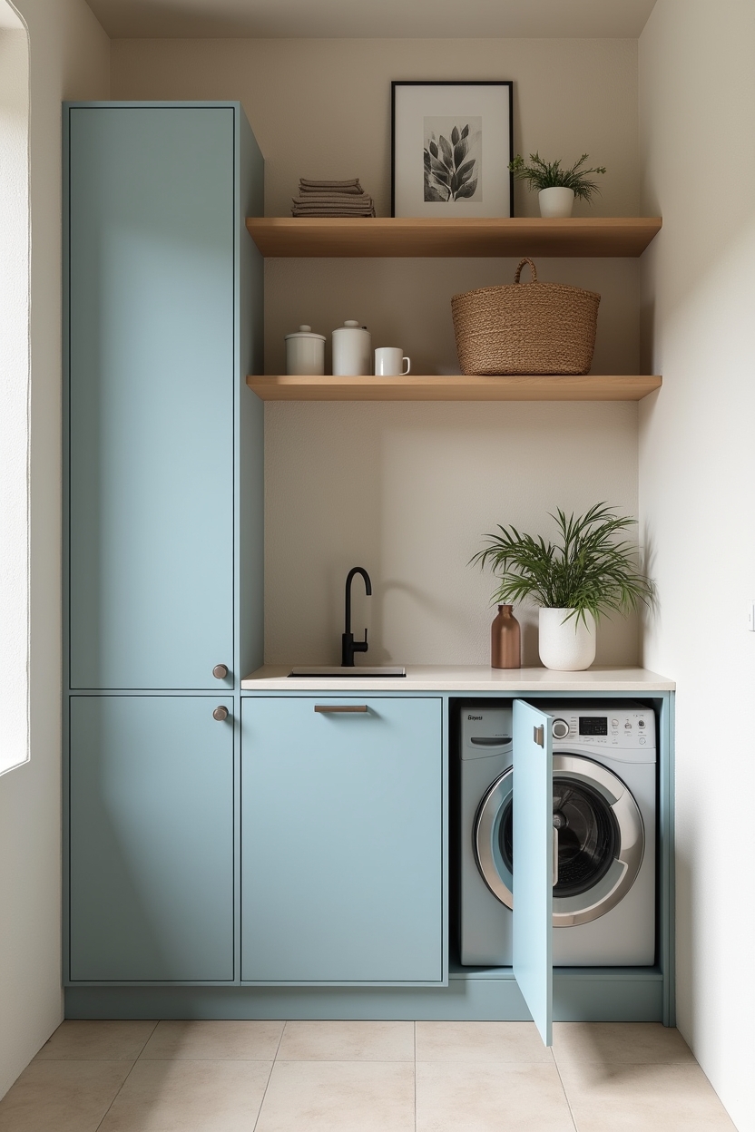 minimal small laundry room ideas — cornflower-blue utility cabinet with open door revealing organized shelves featuring shallow cornflower-blue slim cabinets with recessed handles