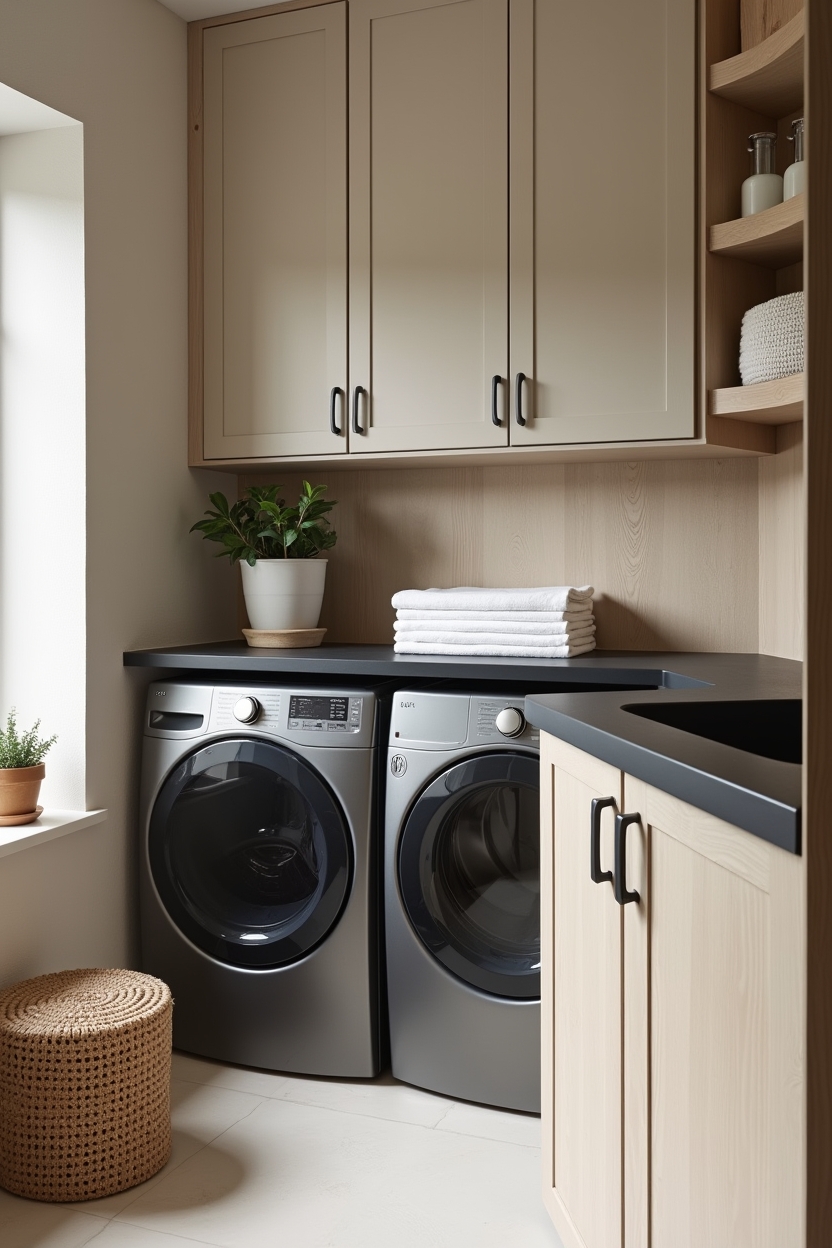 minimal small laundry room ideas — front-loading washer-dryer under a slim matte-black counter featuring matte-black countertop over front-loading appliances