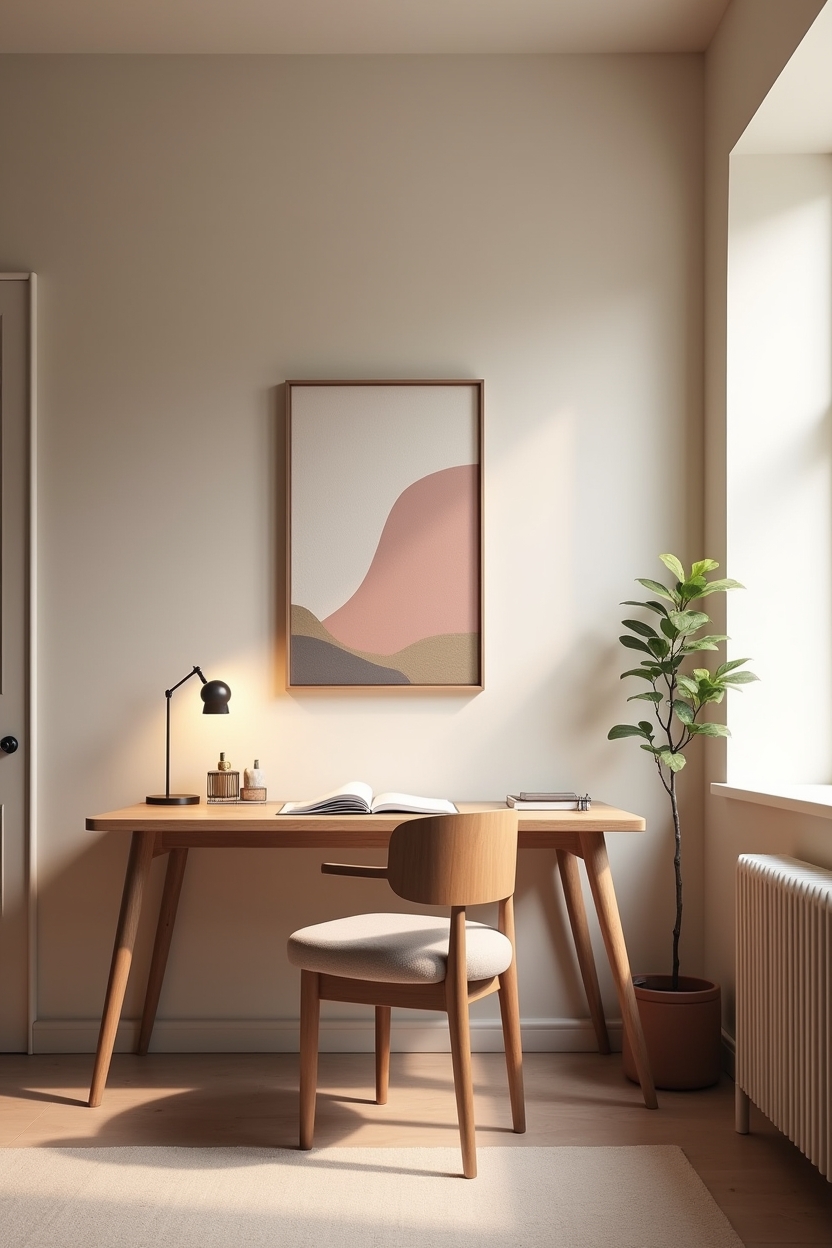 plaster apartment office ideas — petite painted mural featuring mini hand-painted plaster mural above desk