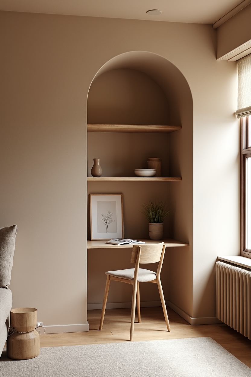 plaster apartment office ideas — arched plaster divider featuring arched Venetian plaster room divider with floating oak shelves