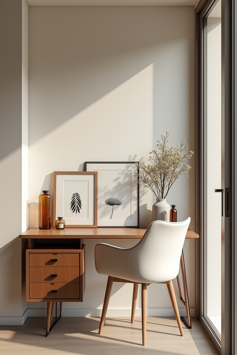 plaster apartment office ideas — slim mid-century desk featuring distressed lime-wash plaster feature wall