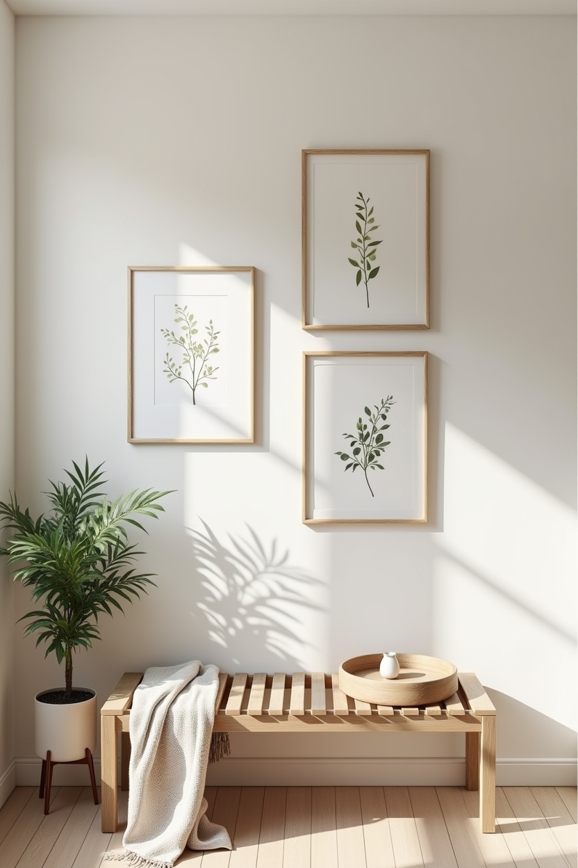 calming mudroom entryway ideas — three matted botanical prints in matching frames featuring three-matted minimalist botanical gallery