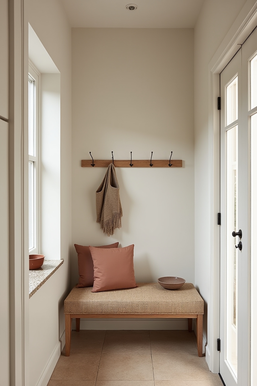 calming mudroom entryway ideas — woven seagrass bench featuring woven seagrass bench with removable muted clay cushion