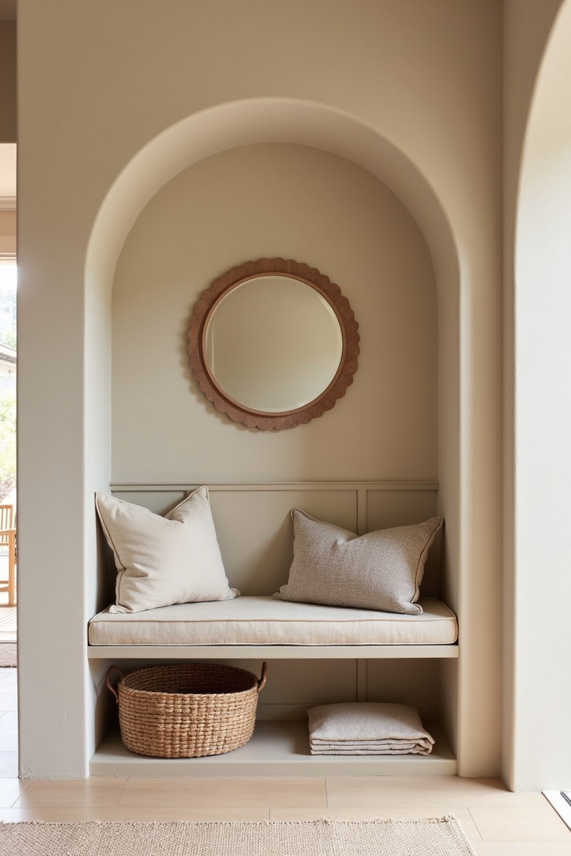 calming mudroom entryway ideas — arched built-in bench featuring soft-arched built-in bench niche