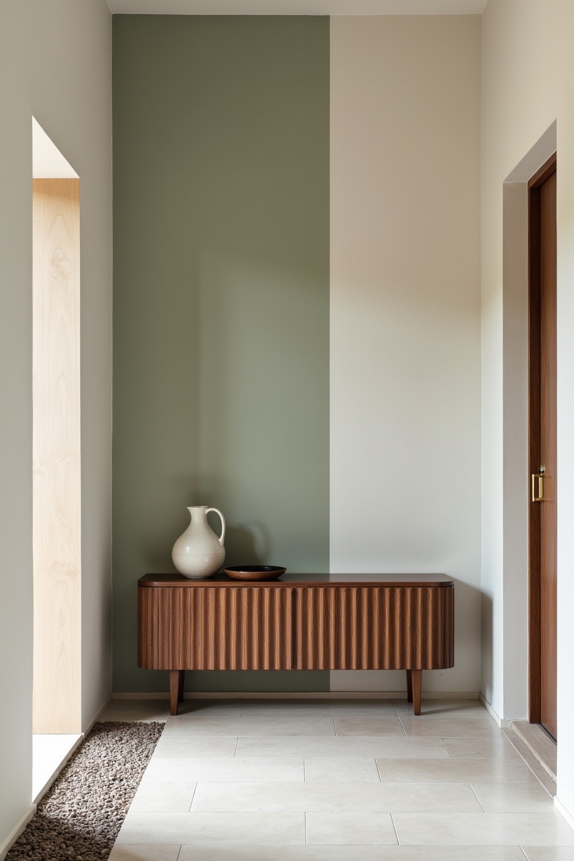 calming mudroom entryway ideas — fluted walnut console with brass hardware featuring sage low-sheen plaster accent wall