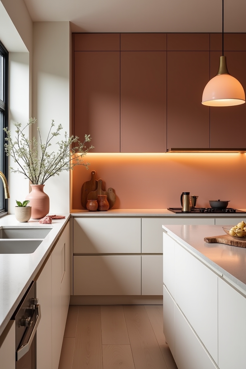 warm brushed brass pendants with coral-hued glass shades home decor