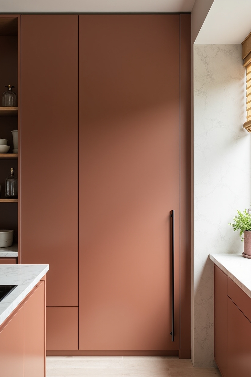muted-terracotta lacquered pocket door home decor