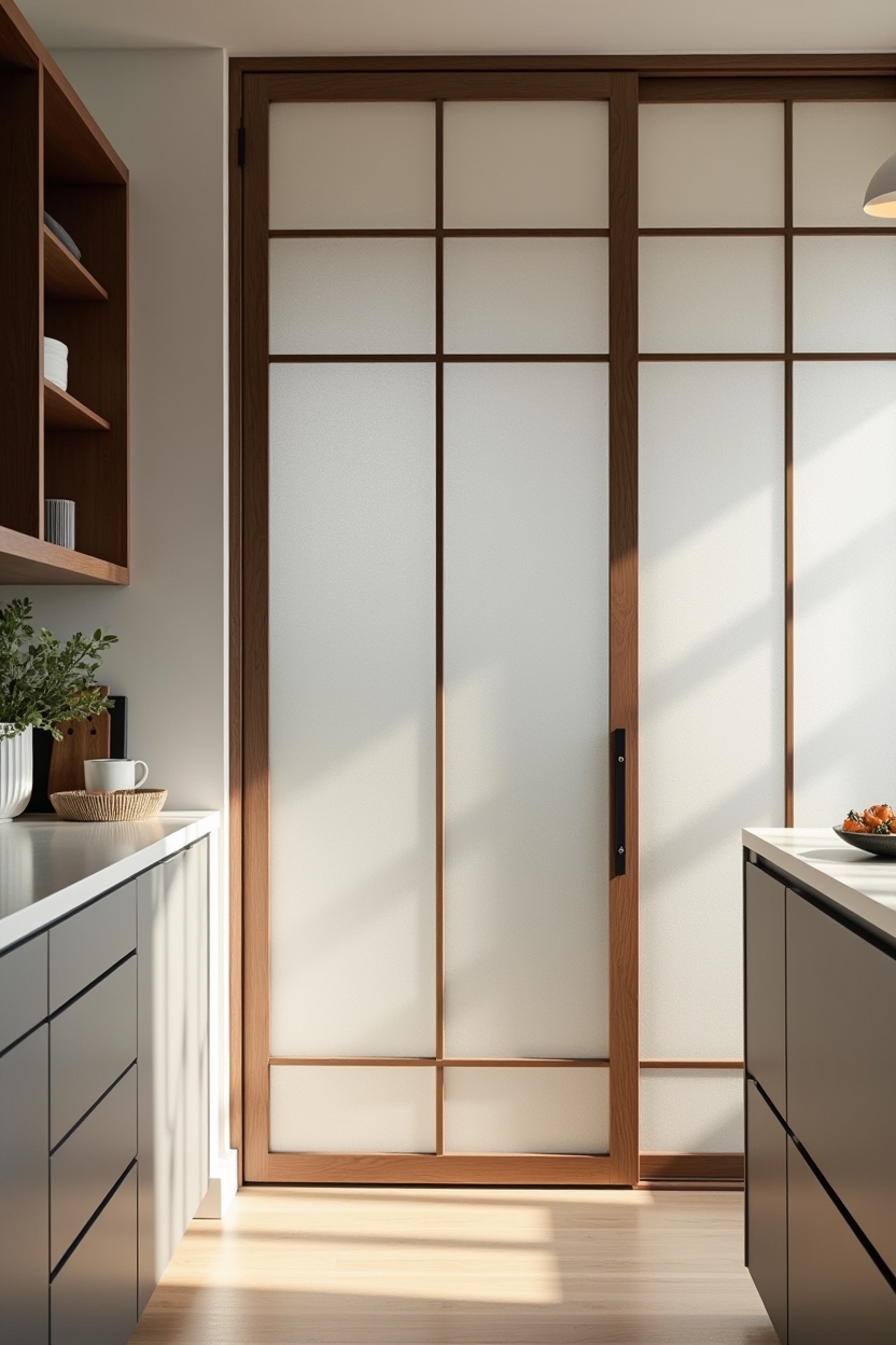 rice-paper inspired frosted panel with wooden lattice home decor