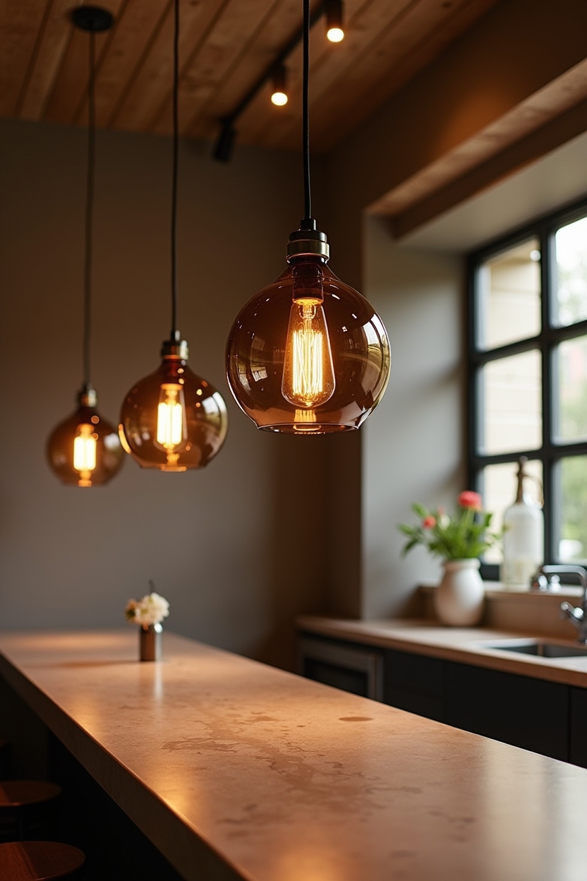 quartzite luxury home bar decor — smoky blown-glass pendant with polished quartzite finial featuring oversized blown-glass pendant with quartzite-inlay finial