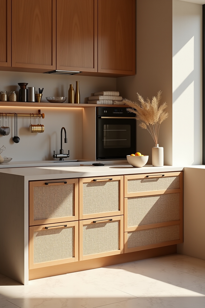 quartzite luxury home bar decor — rattan-front drawers beneath the cocktail station featuring dedicated cocktail station with rattan-front storage