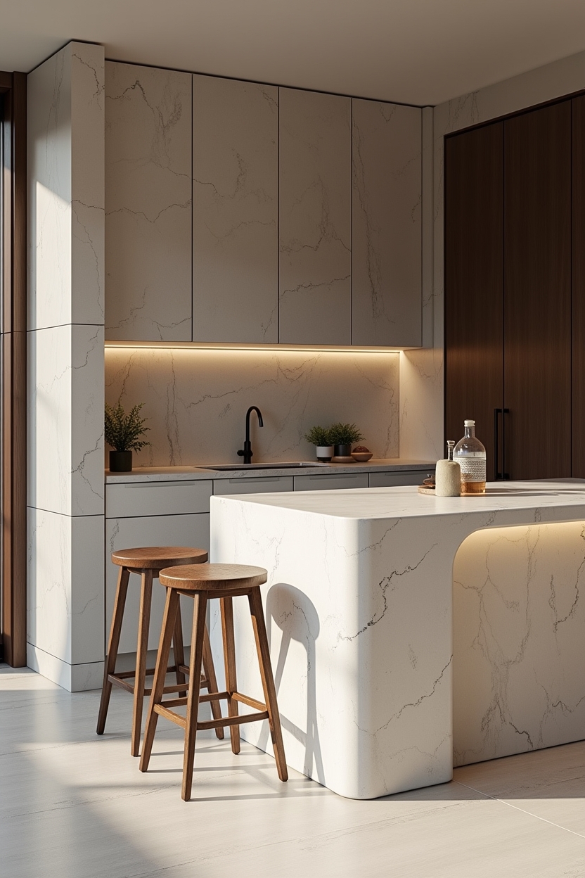 quartzite luxury home bar decor — single-piece waterfall quartzite island countertop featuring waterfall quartzite top with beveled edge