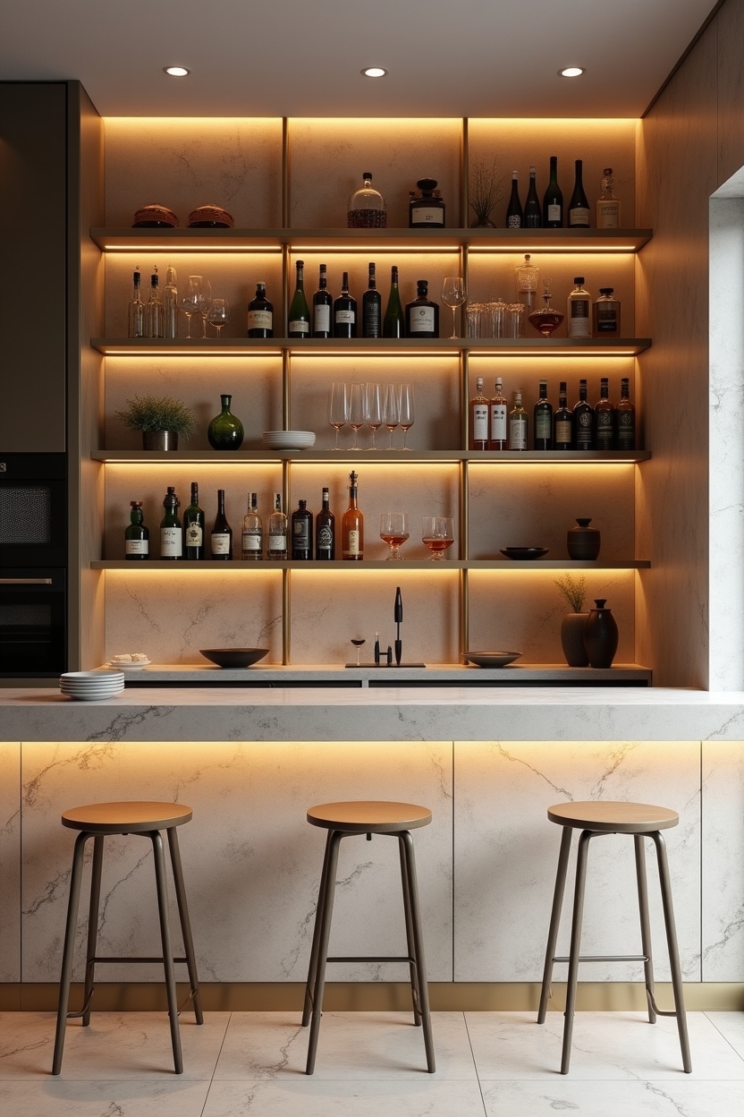 quartzite luxury home bar decor — full-height quartzite backbar slab featuring full-height quartzite backbar slab with concealed LED halos