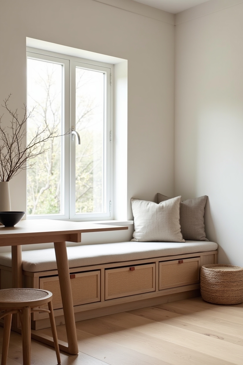 built-in banquette storage with woven rattan drawer fronts and leather-tab pulls home decor