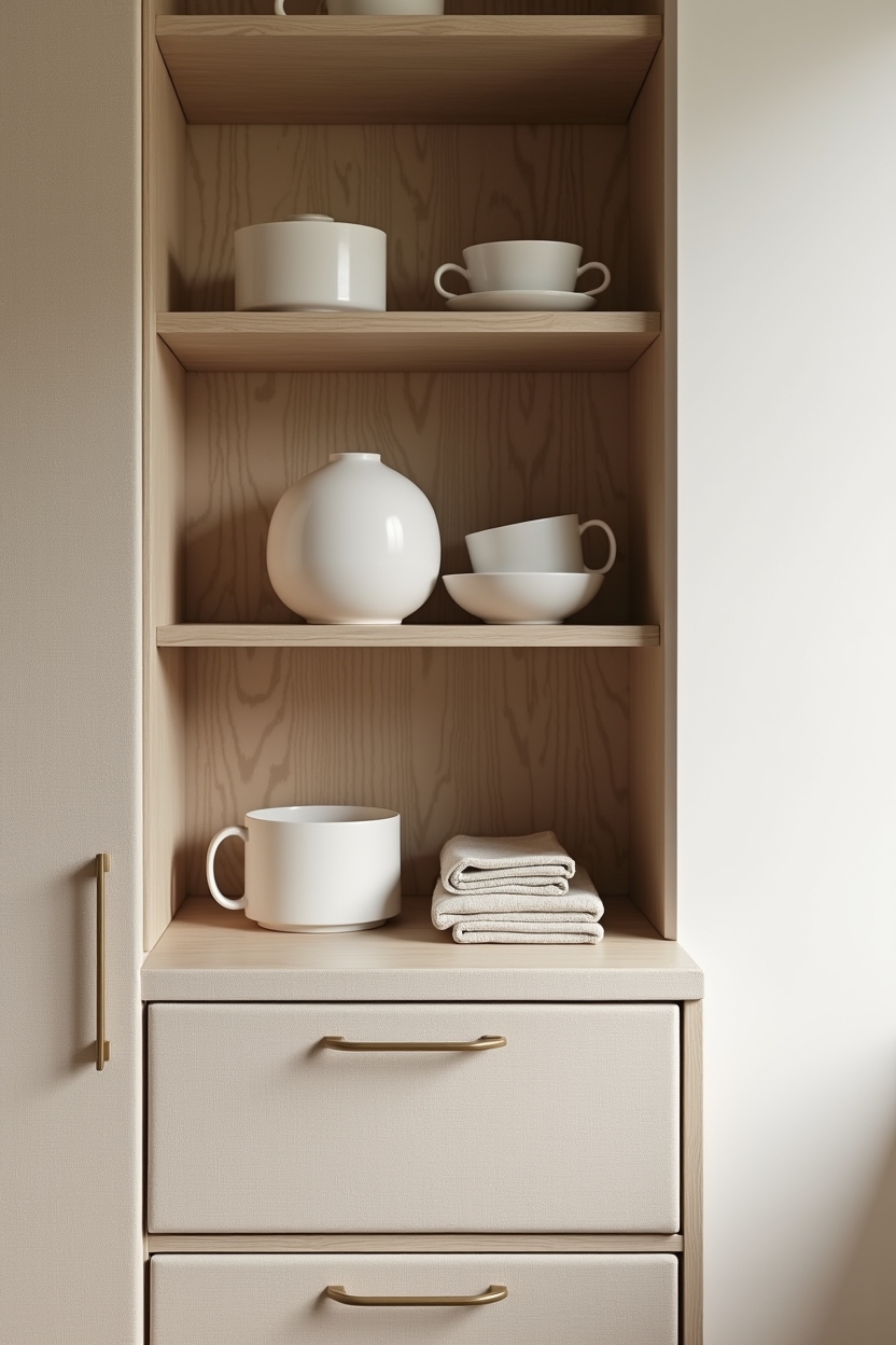 linen-wrapped open shelving boxes for curated tableware home decor