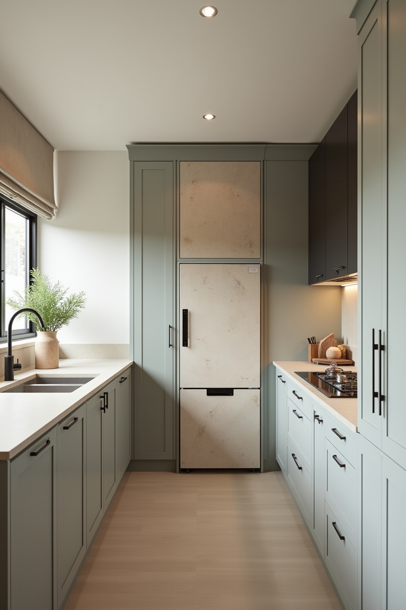 stone-toned integrated appliance panels veneered in honed limestone or warm basalt home decor