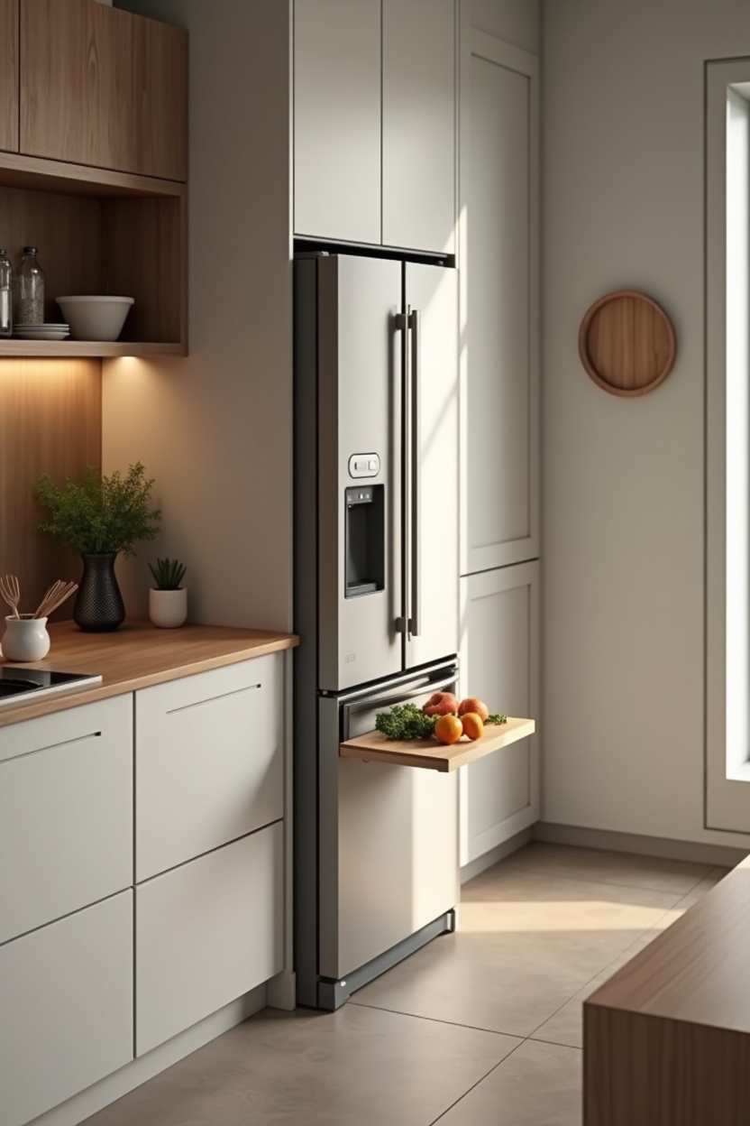 slim fridge-side docking station with retractable cutting board home decor