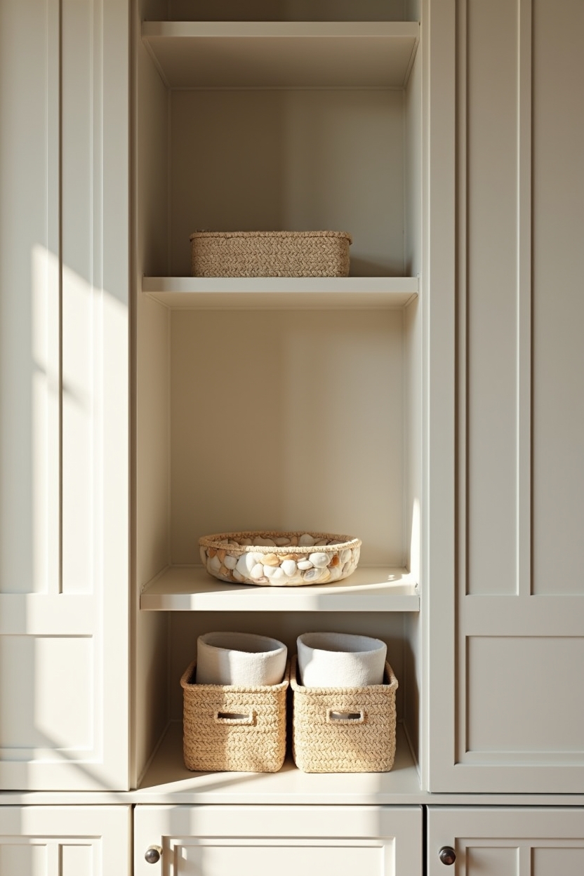 glass-front open cubbies with shell-infused trays home decor