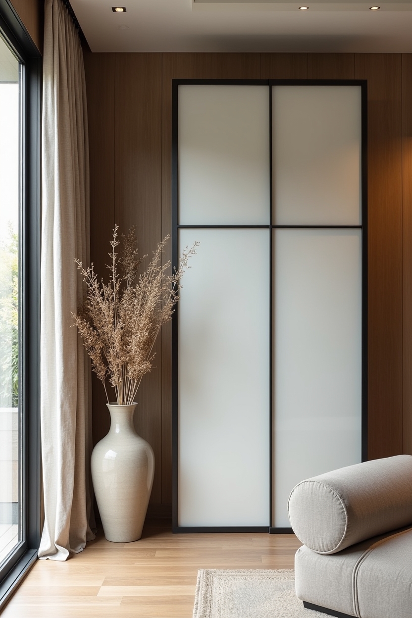 blackened steel shoji-style room divider with frosted glass panels home decor