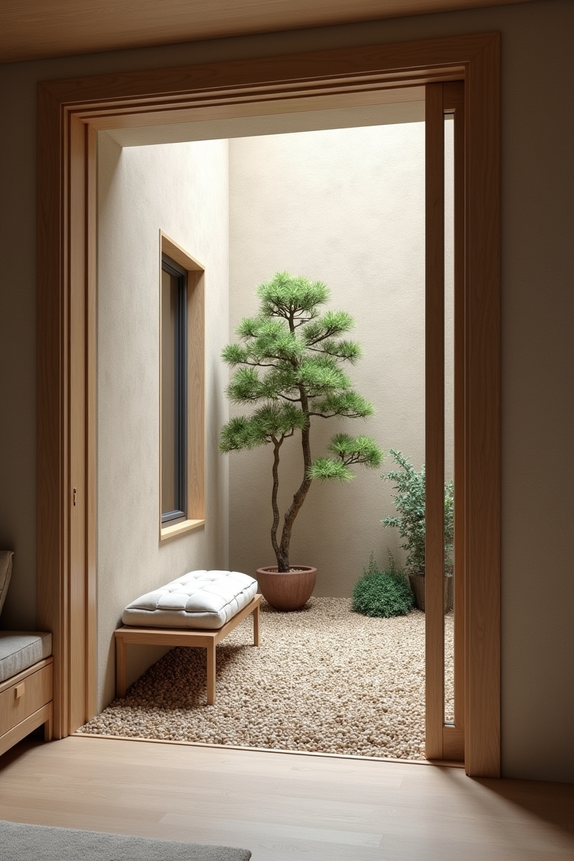 indoor-outdoor sliding glass alcove opening to raked-pebble courtyard home decor
