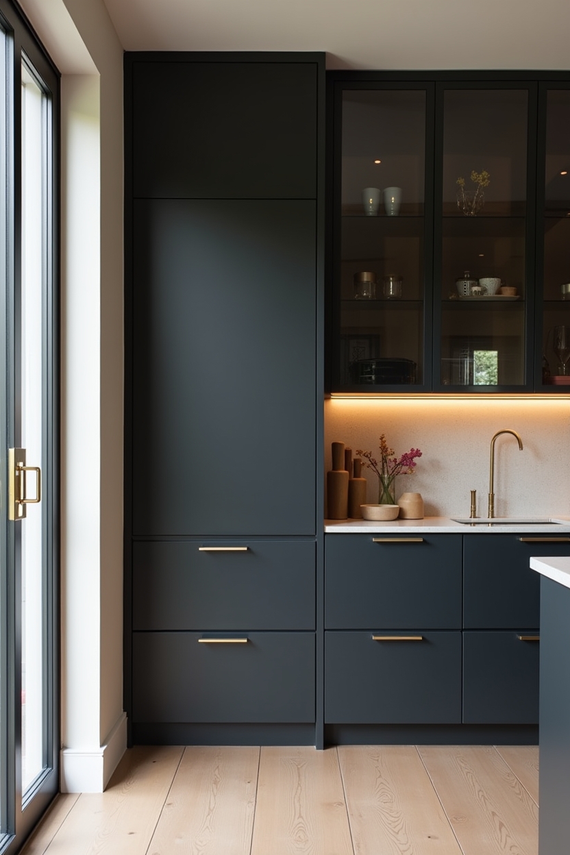 matte black lacquer cabinetry with smoke-tinted glass uppers home decor