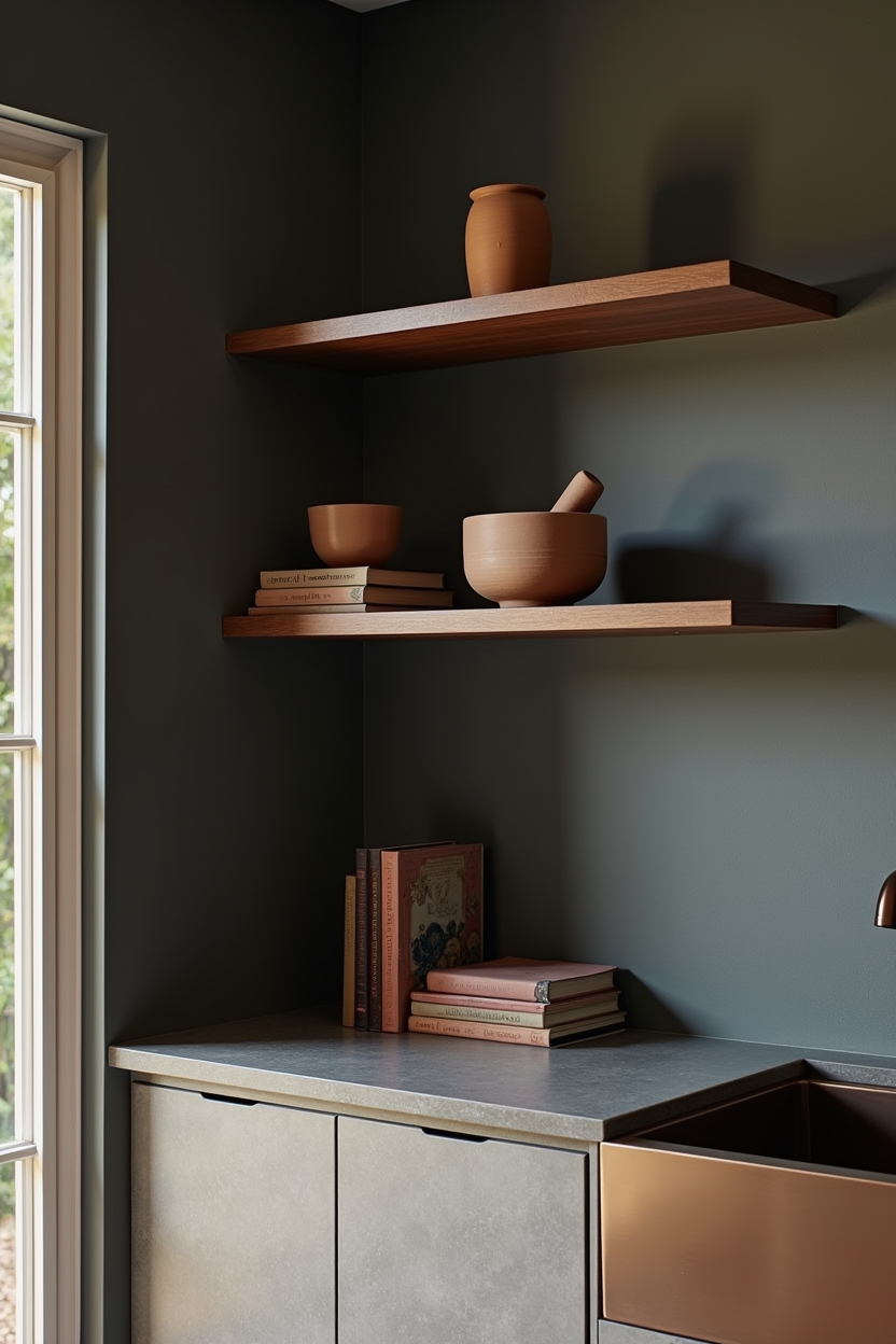 low-sheen walnut floating shelving styled with coal ceramics home decor