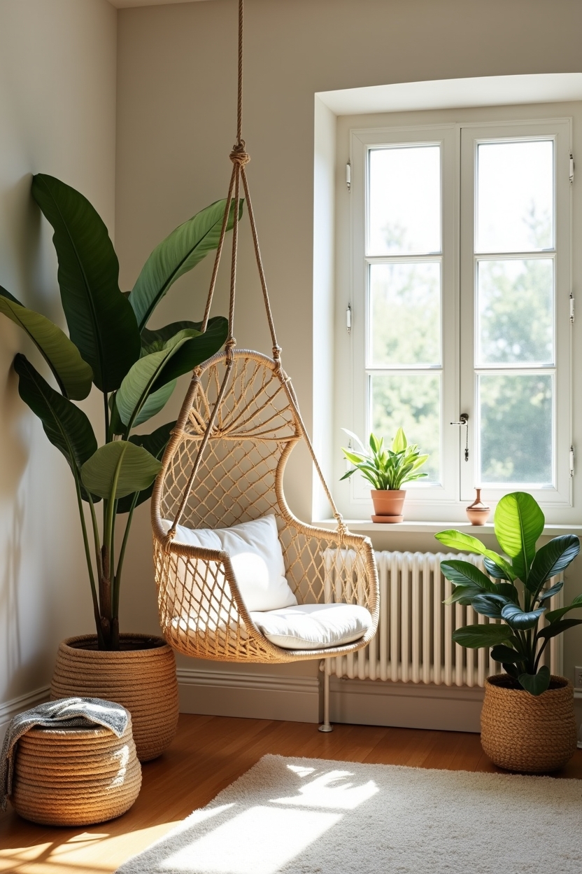 sunlit plant nook with macramé swing chair home decor