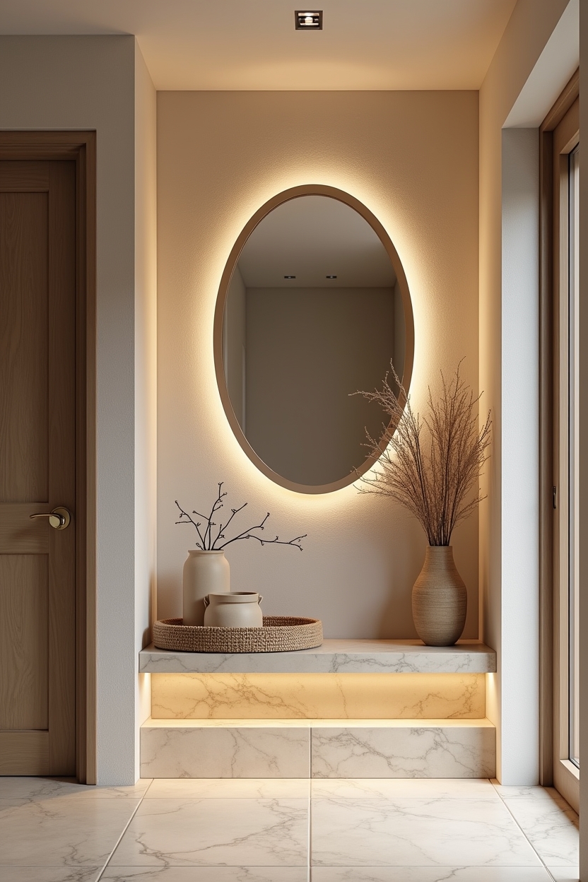 rustic modern entryway mirror ideas — backlit fluted oval mirror featuring backlit fluted-edge oval mirror