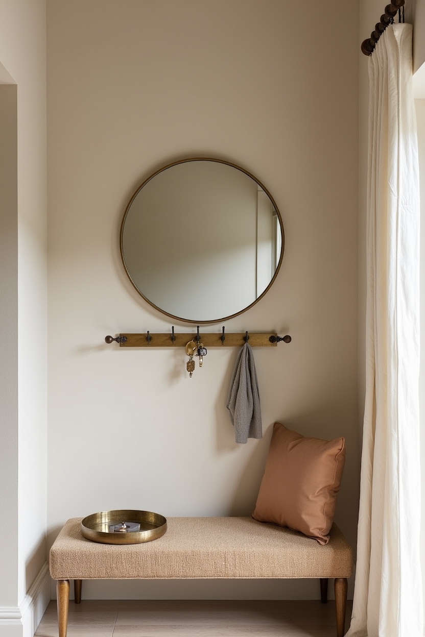 rustic modern entryway mirror ideas — antique brass-framed mirror featuring antique brass-framed mirror with peg rail