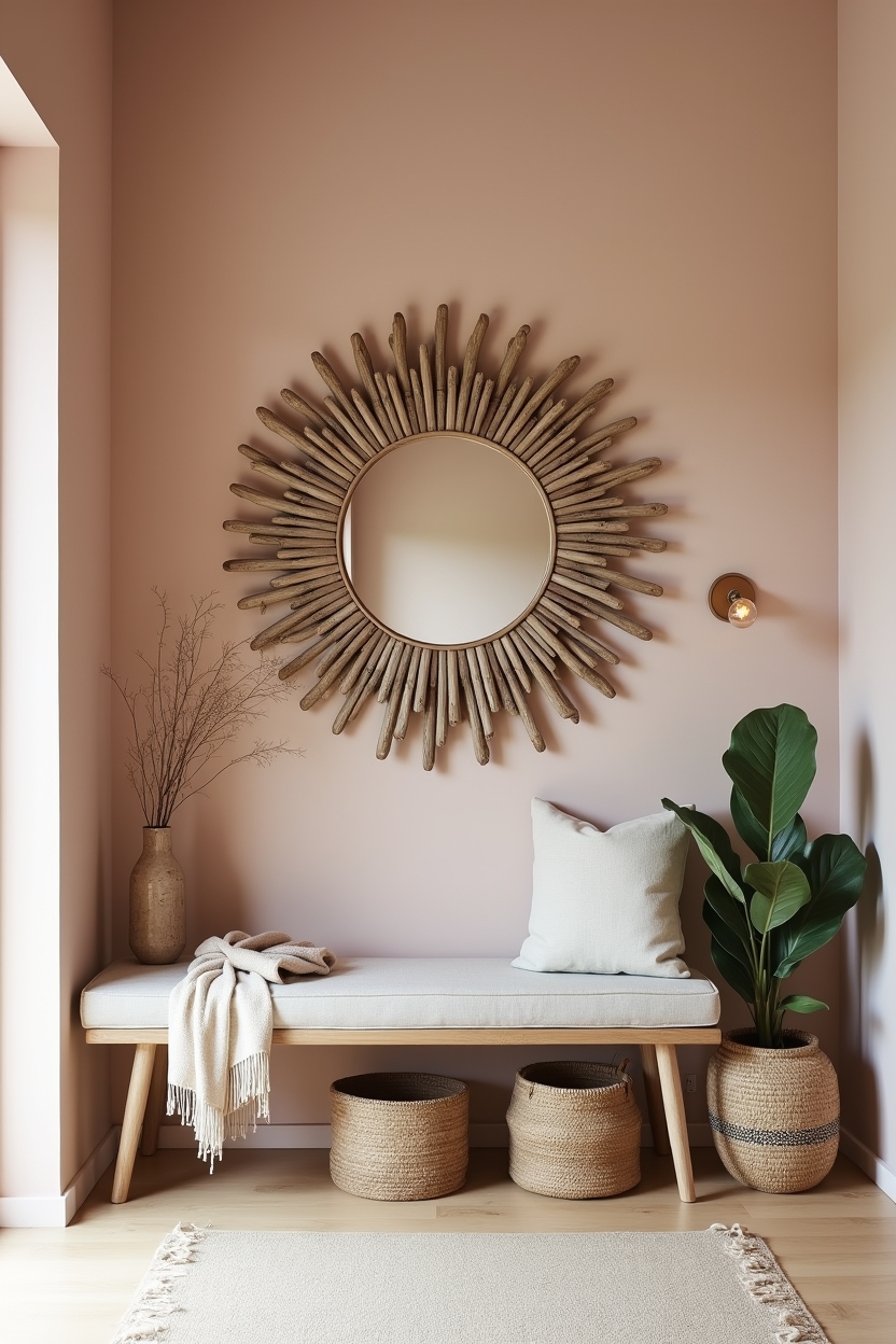 rustic modern entryway mirror ideas — driftwood sunburst mirror featuring driftwood sunburst mirror over pastel plaster