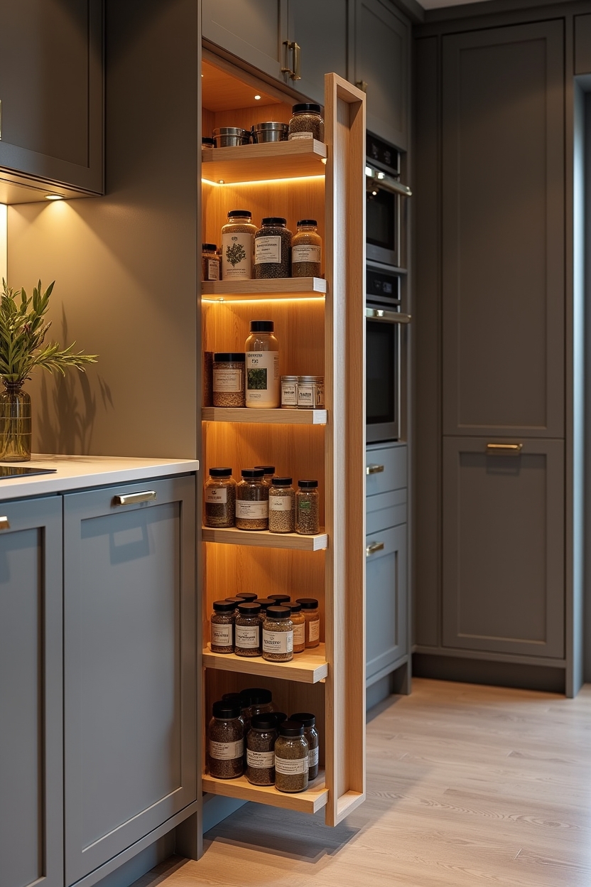 slim pull-out spice ladder in charcoal-stained birch home decor