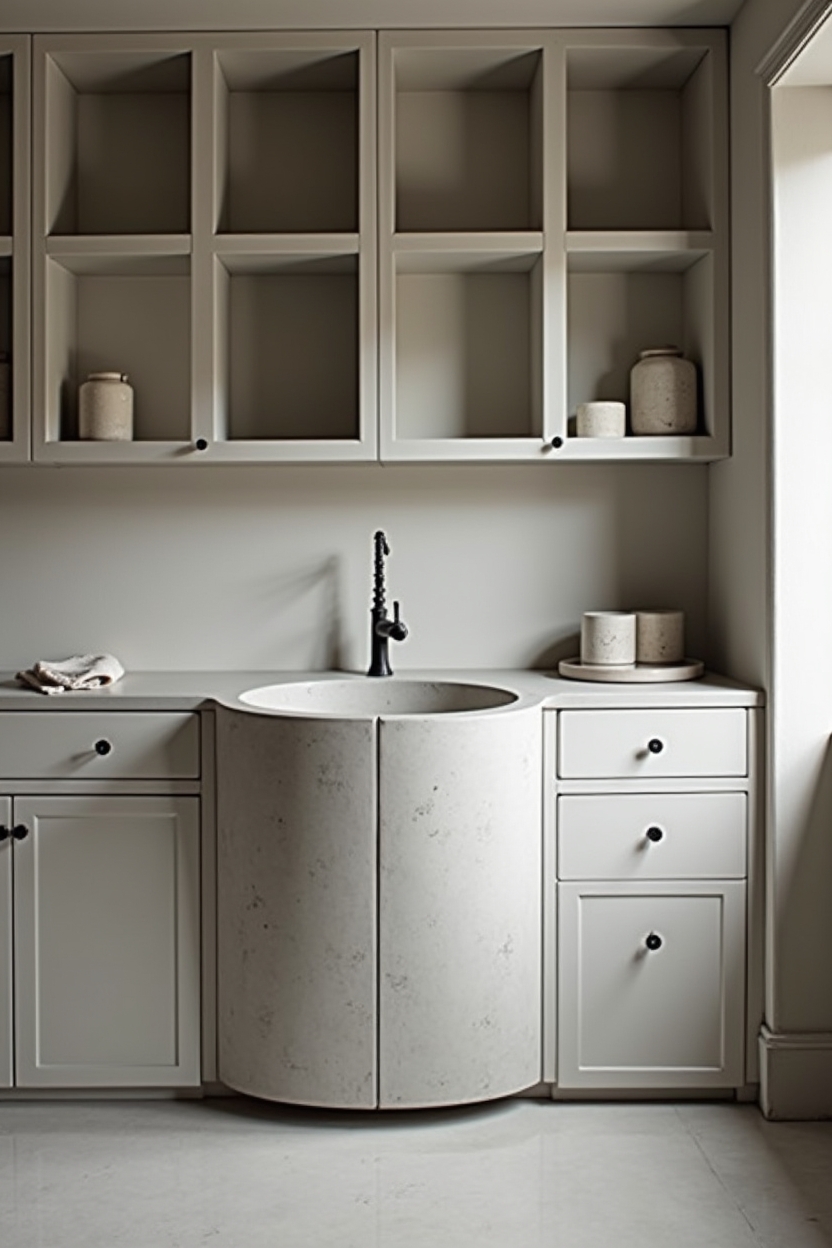 soft luxury laundry room layout ideas — single oversized round concrete sink mounted on a slim blackened-steel base featuring oversized round honed concrete basin